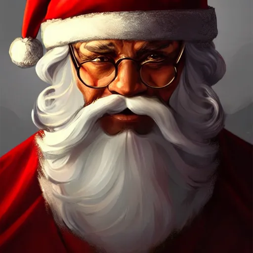 Image similar to Hanif Bali as Santa Claus, closeup, D&D, fantasy, intricate, elegant, highly detailed, digital painting, artstation, concept art, matte, sharp focus, illustration, hearthstone, art by Artgerm and Greg Rutkowski and Alphonse Mucha