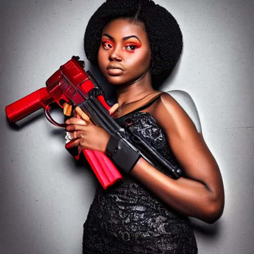 Prompt: Gorgeous black woman wearing red dress, holding an AK-47, photo realistic, detailed face