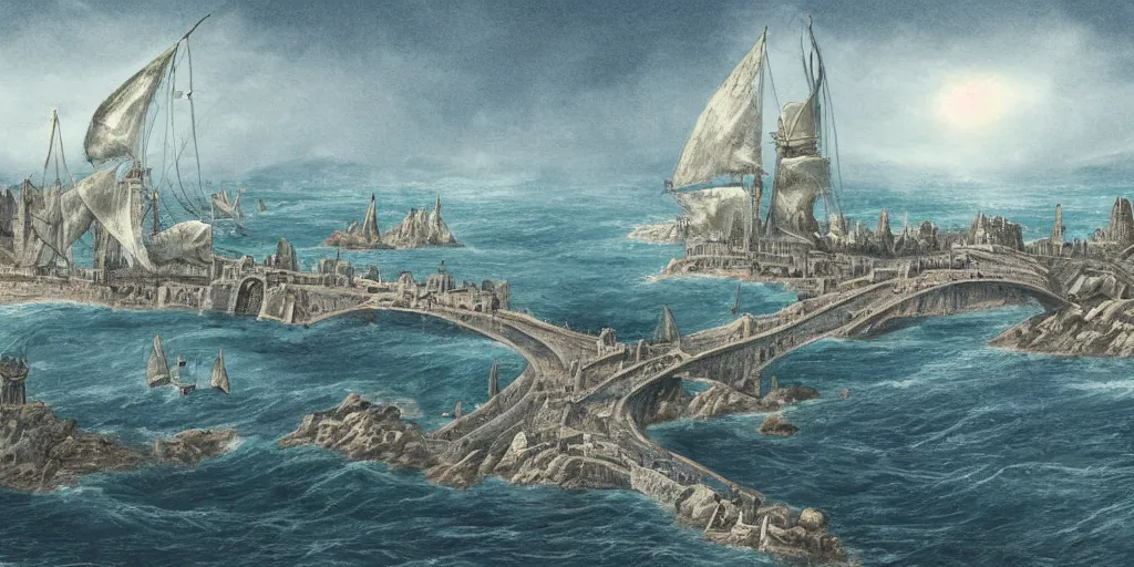 Prompt: illustration, a single giant ancient linear stone city on a single bridge, giant bridge city build over the ocean in a straight line, huge support buttresses, high in the air reaching the clouds, lots of buildings, small ships with sails go underneath, fades to the horizon