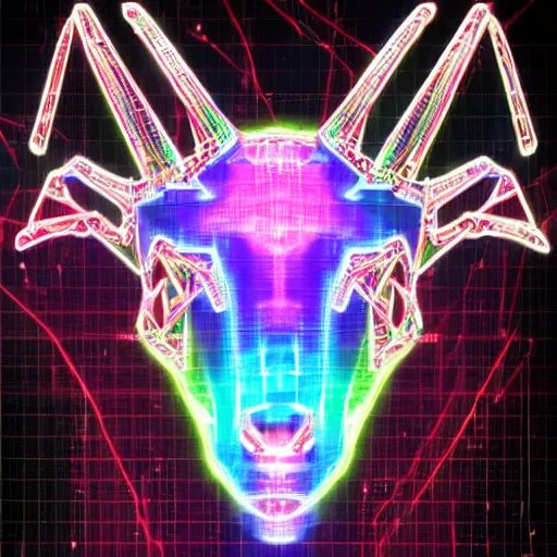 Image similar to cybernetic evil goat head merged with complex circuitry and machinery, multicolored