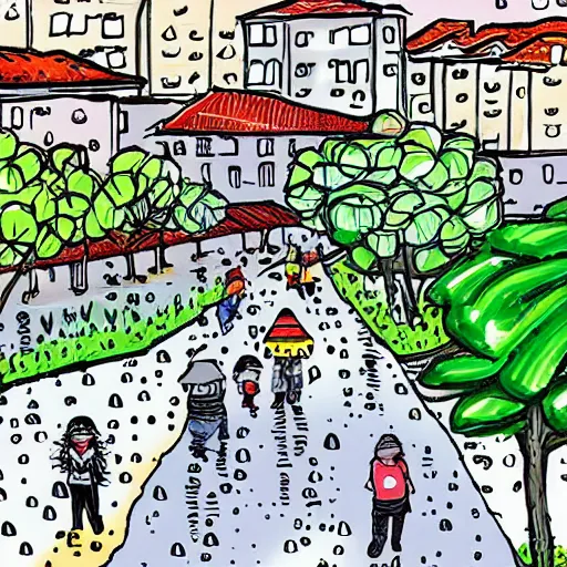 Prompt: Rainy scenery in Vila Prudente neighborhood, São Paulo, cartoon style.