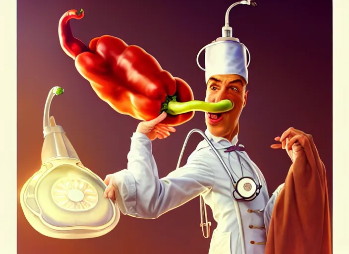 Image similar to anthropomorphic pepper wearing a white doctor's uniform, diffuse lighting, fantasy, hospital background, intricate, elegant, highly detailed, lifelike, photorealistic, digital painting, artstation, illustration, concept art, smooth, sharp focus, art by frank frazetta and marco bucci and loish and rossdraws and artgerm and alphonse mucha