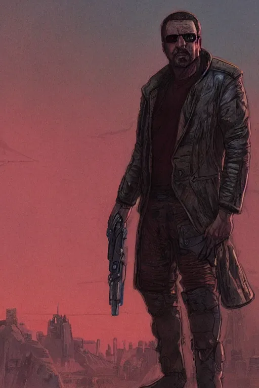 Image similar to vernon. Blade runner 2049 mercenary. Stylized concept art by James Gurney and Mœbius.