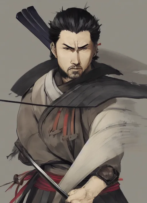 Prompt: portrait of a rough samurai ronin, digital painting masterpiece, advanced lighting technology, stylized yet realistic anatomy and face, gorgeous, by reiq and bengus and akiman and shigenori soejima and bastien vives and balak and michael sanlaville, 4 k wallpaper, cinematic, gorgeous brush strokes, coherent and smooth