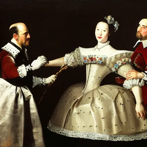 Image similar to velazquez painting the spanish royal family and their robotic maid, baroque style.