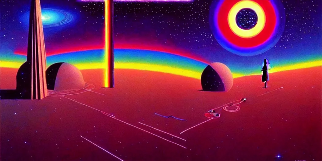 Image similar to time + space + reality, 🌈👾🌌, art deco, moebius, cinematic lighting, beautiful, elegant, oil painting,