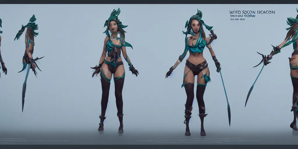 Image similar to character sheet of Ocean Song Akali (wild rift). 3d render, octane render, realistic, highly detailed, trending on artstation, 4k, trending on artstation, pixar, cgsociety, unreal engine 5, redshift render, trending on artstation, blender, behance, cg