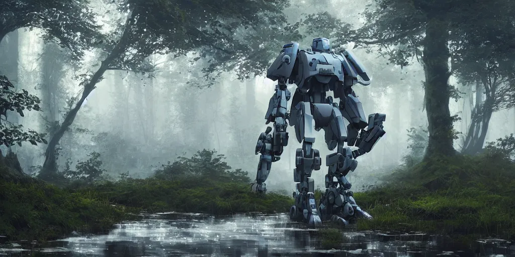 Image similar to concept art of heavy mecha trooper, trees, puddles of water, bushes and leafs, by filip hoda, beeple, greg rutkowski, octane render, cryengine, details, hyper realistic