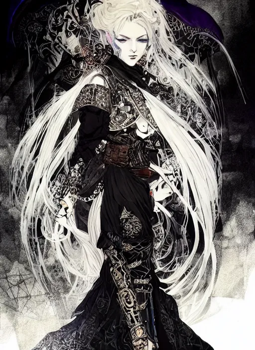 Image similar to beautiful human witch with blonde short curtly hair in intricate ornate witch robe, haughty evil look, witch hat. in style of yoji shinkawa and hyung - tae kim, trending on artstation, dark fantasy, great composition, concept art, highly detailed, dynamic pose.