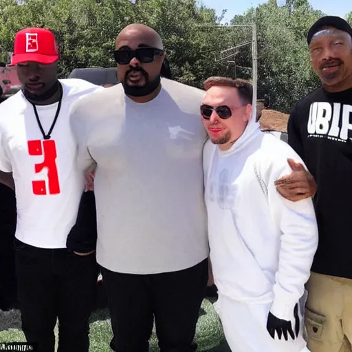 Image similar to elon musk hangs out with the bloods and crips, holding guns, team photo with the boys