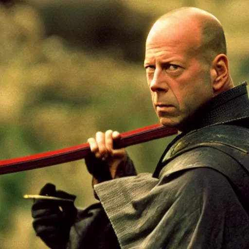 Prompt: Bruce Willis as samurai , film still,