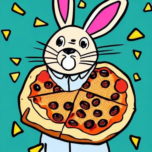 Image similar to cartoon bunny is eating pizza, colorful art