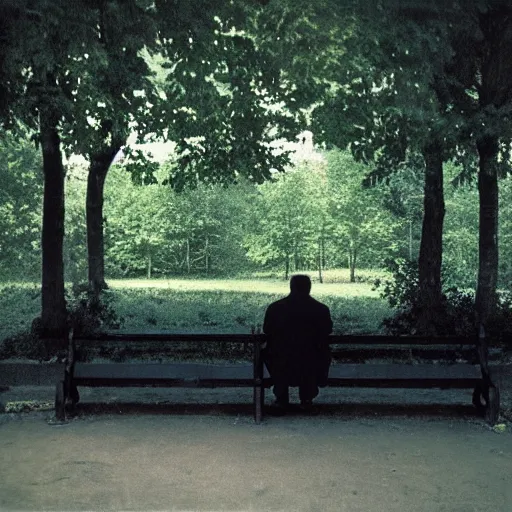 Image similar to Lonely man sitting on bench photographed by Andrej Tarkovsky, kodak 5247 stock, color photograph