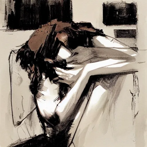 Image similar to gal godat in a noir hotel room by jeffrey catherine jones