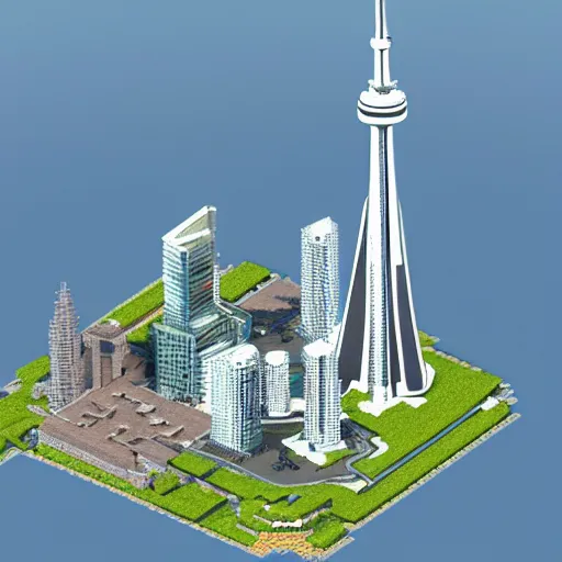 Prompt: Toronto in the style of minecraft. 3d render. isometric. Cn tower.