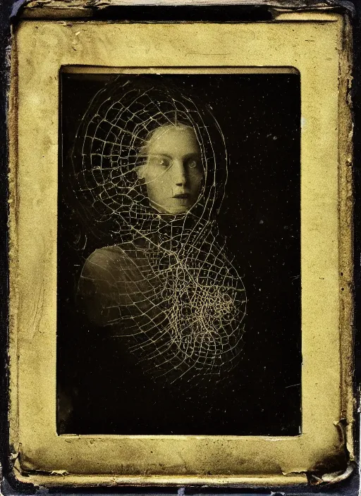 Image similar to old wetplate daguerreotype portrait, explosion of data fragments, thin micro fibers, fractal, intricate, elegant, highly detailed, parallax, leica, medium format, subsurface scattering, by jheronimus bosch and greg rutkowski and louis jacques mande daguerre