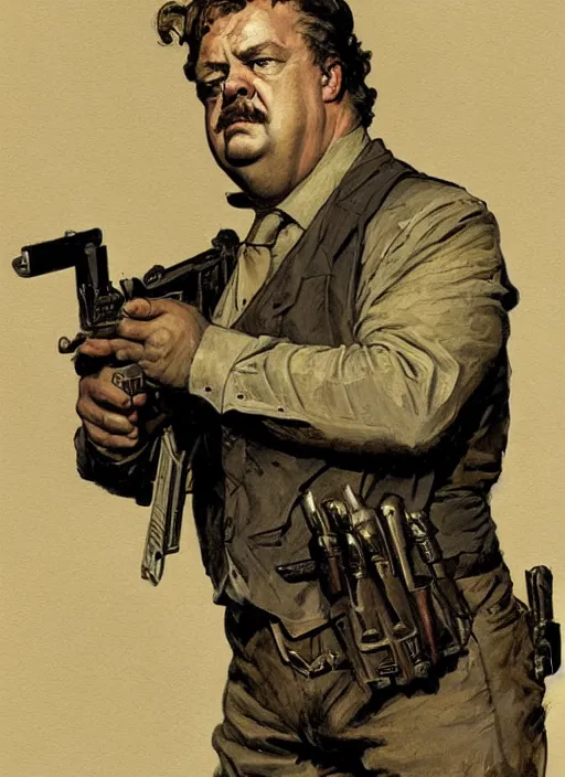 Image similar to gk chesterton as a mercenary with muscles and a shotgun. portrait by james gurney and craig mullins and alphonso mucha. realistic face. expressive face.