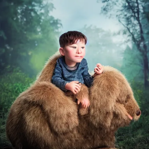 Image similar to young boy on a cute little monster with long fur on a cloud, portrait, pixar style, forest background, cinematic lighting, award winning creature portrait photography