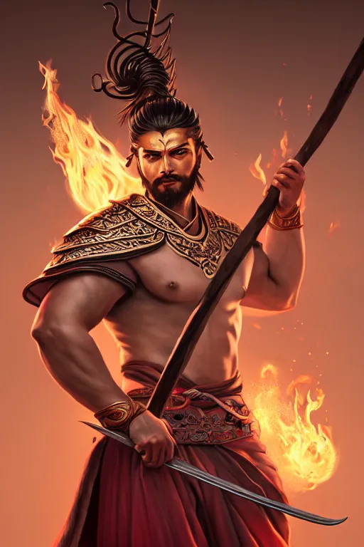 Image similar to handsome nezha, highly detailed, man holding spear, flame everywhere, epic pose, masterpiece chinese fantasy character portrait, highly detailed, digital painting, trending on artstation, concept art, sharp focus, illustration, global illumination, ray tracing, realistic shaded, art by artgerm and greg rutkowski and fuji choko and viktoria gavrilenko and hoang lap