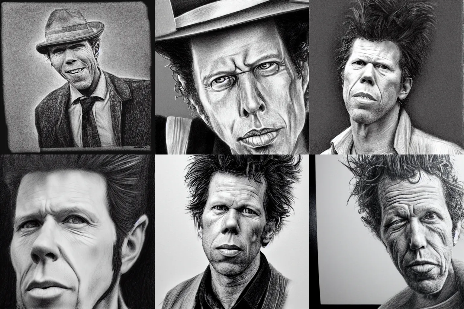 Prompt: Hyperrealistic pencil drawing of Tom Waits