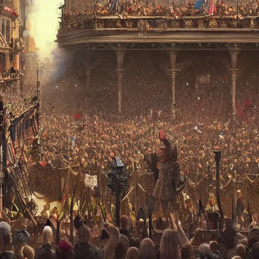 Image similar to A crowd of people listening to their new king make a speech from a balcony, fantasy, medieval, highly detailed, Artstation, painting by greg rutkowski