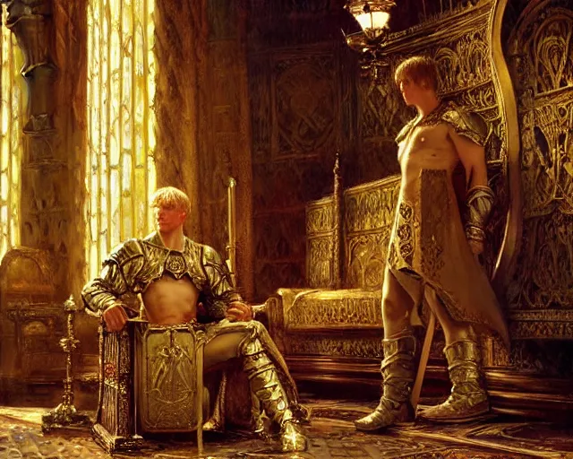 Image similar to attractive arthur pendragon, posing in the throne room of camelot highly detailed painting by gaston bussiere, craig mullins, j. c. leyendecker