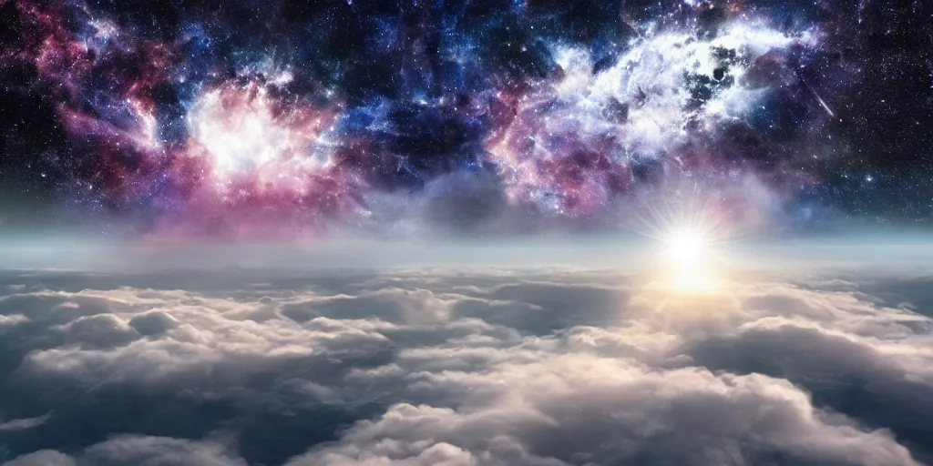 Prompt: the cosmic cathedral of infinite glory rises above the clouds. Photo-realistic UHDR.