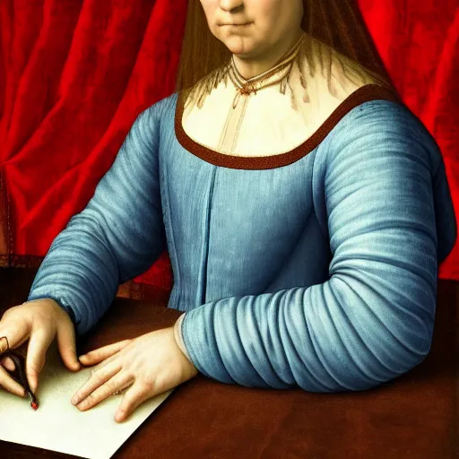 Prompt: a realistic renaissance portrait of hillary clinton hacking a computer, highly detailed, digital painting, featured on artstation, painted by leonardo da vinci, dramatic lighting
