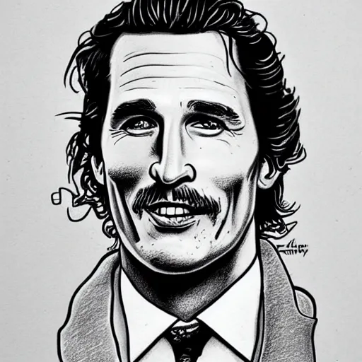 Image similar to a portrait drawing of Mathew McConaughey drawn by Robert Crumb