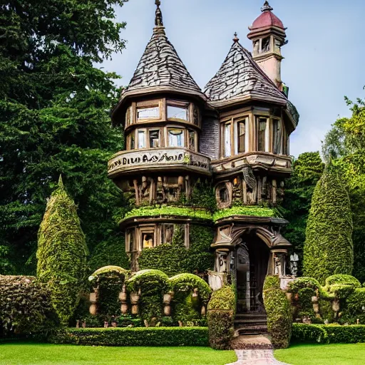 Prompt: This image is of an ornate fantasy house. It has a large, turreted main house with a smaller house attached. Both houses are adorned with intricate carvings and detailed stonework. There is a large garden with fanciful topiary and a stone path leading up to the front door. Photography.