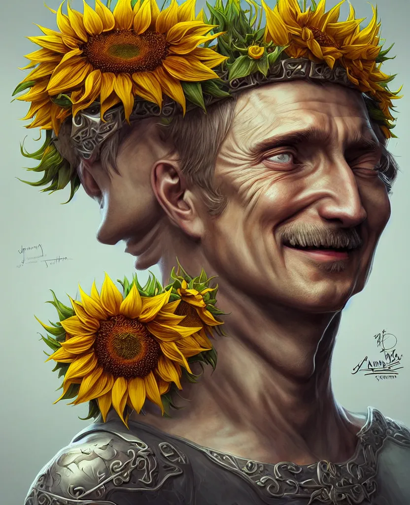 Image similar to digital art, centered full body of young any old Putin smiling king, Sunflower crown, ,intricate, veins, by James Jean and by artgerm , by ross tran ultradetailed, charachter design, concept art, trending on artstation,