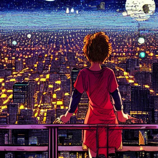 Image similar to Girl leaning on a wooden fence looking down at a city during the night, anime, by Katsuhiro Otomo, highly detailed, city, nighttime