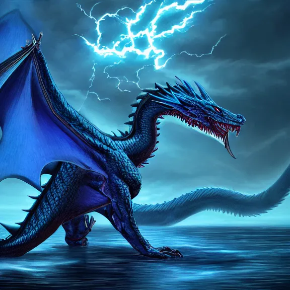 Image similar to blue dragon ghost, lightning, lake background, gerald brom, hyper detailed, 8 k, fantasy, dark, grim