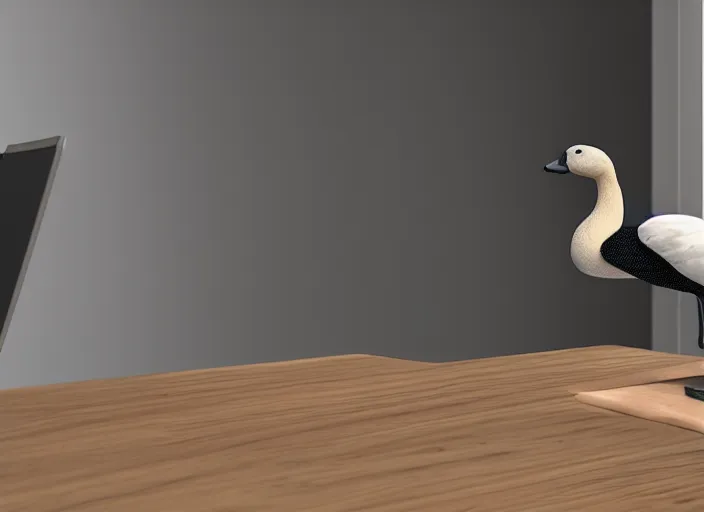 Prompt: a goose on top of a desk at an office, photorealistic