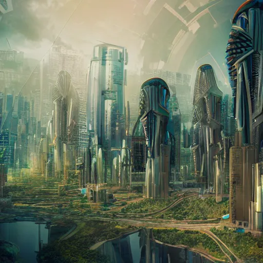 Image similar to highly detailed arcology city in a utopian future, digital art, cinematic shot