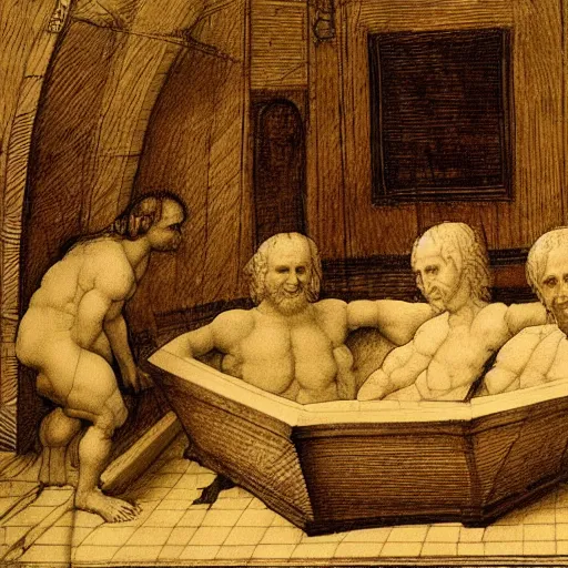 Image similar to sketches from leonardo da vinci's notebook about a hot tub