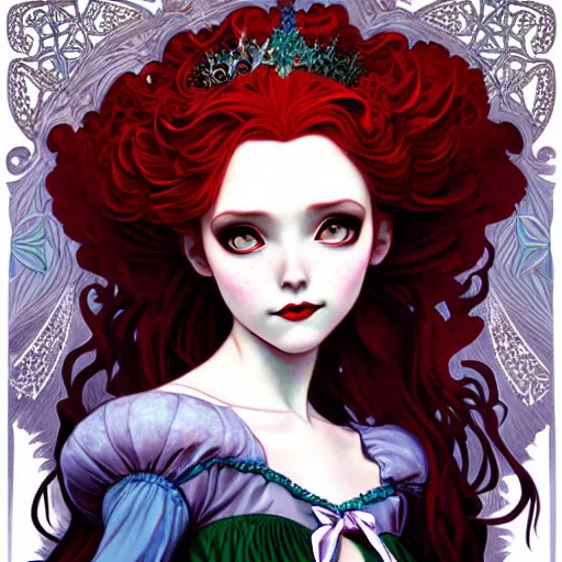 Image similar to a modern gothic lolita version of Princess Merida, face, fantasy, intricate, elegant, highly detailed, digital painting, artstation, concept art, smooth, sharp focus, illustration, art by Gerald Brom and Jasmine Becket-Griffith and Fernanda Suarez and alphonse mucha