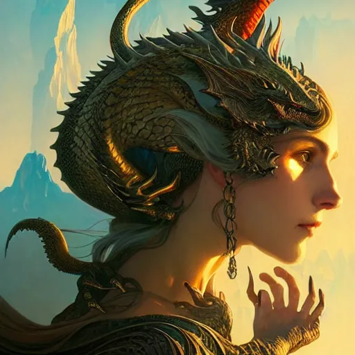 Image similar to portrait of a dragon watching the world underneath, mountains, d & d, fantasy, intricate, elegant, highly detailed, digital painting, artstation, concept art, smooth, sharp focus, illustration, art by artgerm and greg rutkowski and alphonse mucha