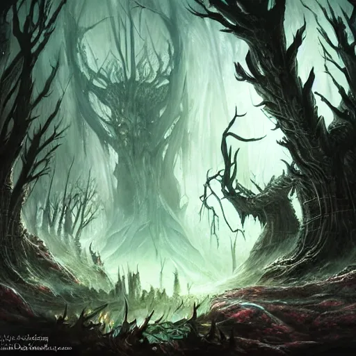 Prompt: Dark Fantasy art depicting a monstrosity in a wooded expanse at the base of Yggdrasil being attacked by a fantasy warrior, Distant View, in the style of Magic The Gathering Kalheim by Daarken. digital fine art. intricate design, vibrant