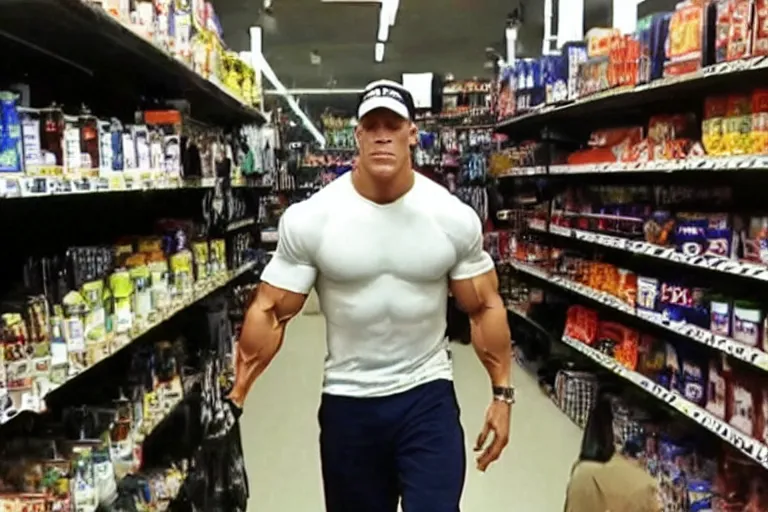 Prompt: cctv footage of john cena in a store