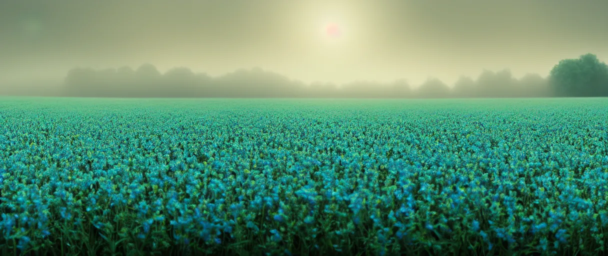 Image similar to hyperrealist highly detailed neo-baroque flowery foggy field concept art pascal blanche key sage dramatic teal lighting 8k wide angle shallow depth of field