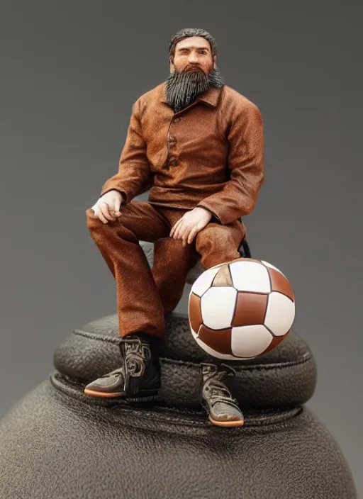 Image similar to 80mm resin detailed miniature of a bearded man, short hair, sitting on a football, pouting, Product Introduction Photos, 4K, Full body,