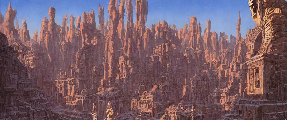 Prompt: A beautiful illustration of an ancient canal city with massive statues of anthropomorphic Feline warriors by Robert McCall and Ralph McQuarrie | sparth:.2 | Time white:.2 | Graphic Novel, Visual Novel, Colored Pencil, Comic Book:.3 | unreal engine:.5 | establishing shot