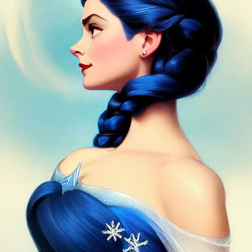 Image similar to Grace Kelly with Dark Blue Hair as Elsa from Frozen, western, D&D, fantasy, intricate, elegant, highly detailed, digital painting, artstation, concept art, matte, sharp focus, illustration, art by Artgerm and Greg Rutkowski and Alphonse Mucha