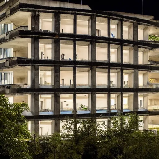 Prompt: a furturistic brutalist complex built in brutalism architecture, ten by ten kilometers large, with lush gardens and forests between the buldings, diverse unique building geometry full of shapes and corners, photography at night