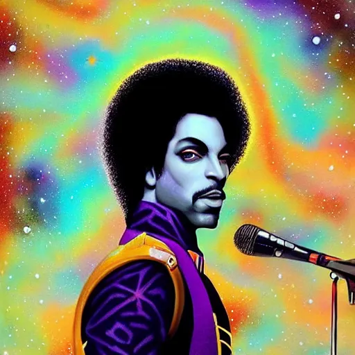 Image similar to a cosmic painting of prince in space. mindblowing colours, trending on artstation. highly detailed face.