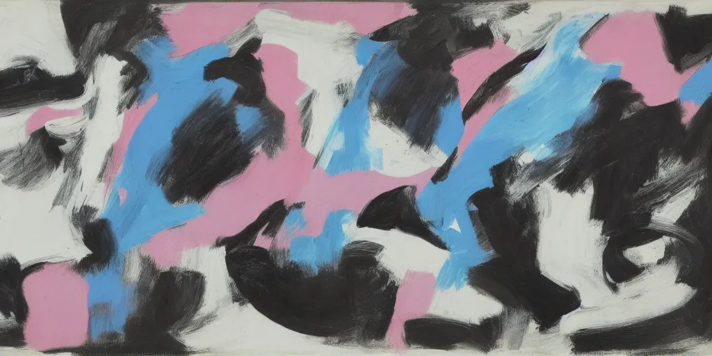 Image similar to large black and white painting by de kooning on white background canvas, soft blue and pink tints, thin black lines, detailed by martha jungwirth drawing sketch pencil on paper, painted over by yves tanguy, oil on canvas, thick impasto, broad campitures