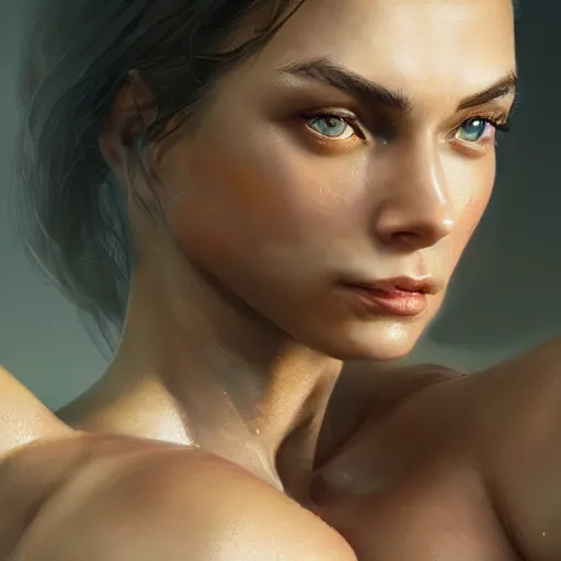 Image similar to a very beautiful woman with muscles, digital art, photorealistic, unreal engine, 8 k resolution, artstation, beautiful face, pretty face, very detailed eyes, by wlop, greg rutkowski, simon bosley