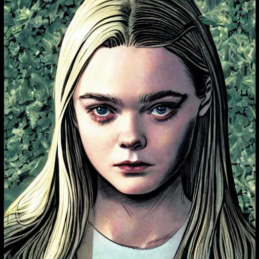 Prompt: Elle Fanning in the Kingdom Come comic by Mark Waid, head and shoulders, symmetrical facial features, smooth, sharp focus, intricate, extremely detailed masterpiece,