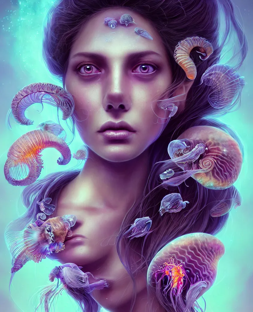 Image similar to goddess princess beautiful woman face close-up portrait ram skull. jellyfish phoenix head, nautilus, orchid, skull, betta fish, bioluminiscent creatures, intricate artwork by Tooth Wu and wlop and beeple. octane render, trending on artstation, greg rutkowski very coherent symmetrical artwork. cinematic, hyper realism, high detail, octane render, 8k